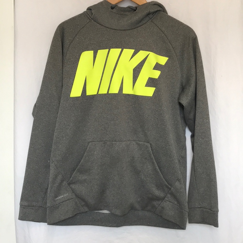 Grey and Neon Therma-fit Nike Hooded Sweater